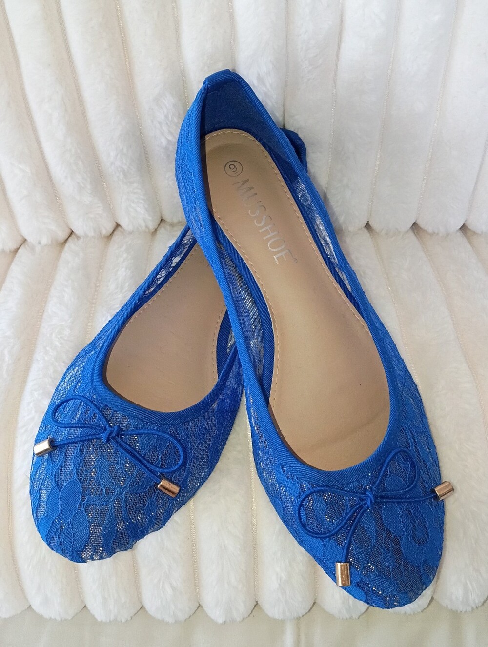 MUSSHOE Royal Blue Floral Lace Ballet Flats | Size 9 | Bow Detail